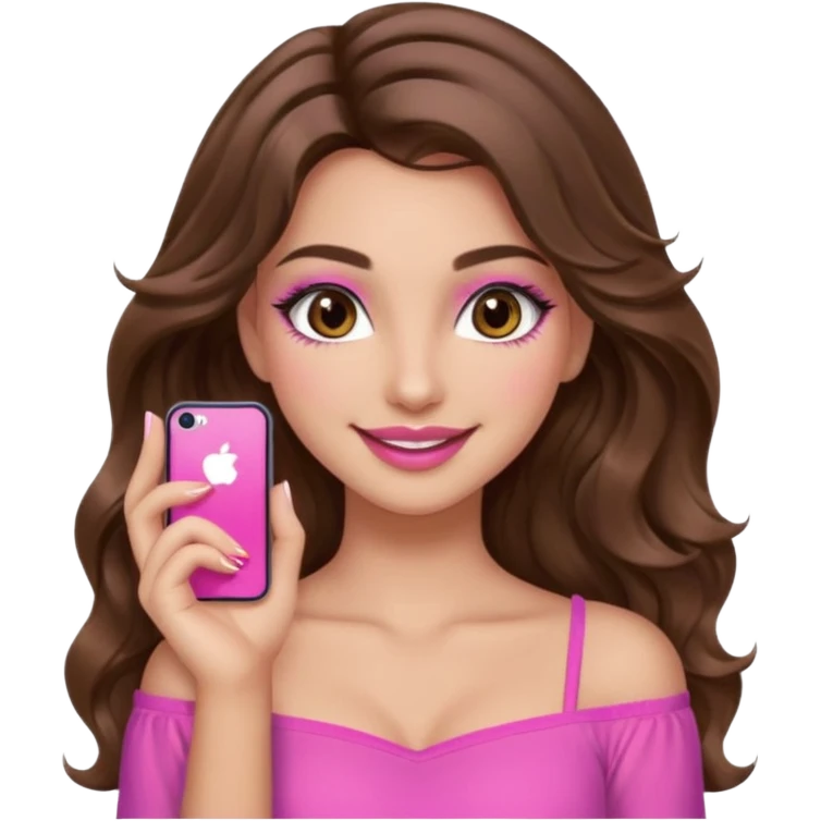 girl with long wavy brown hair, brown eyes, long lashes makeup, sexy pink lips, light to medium complexion, pink sexy top, smiling, hand by the cheek emoji