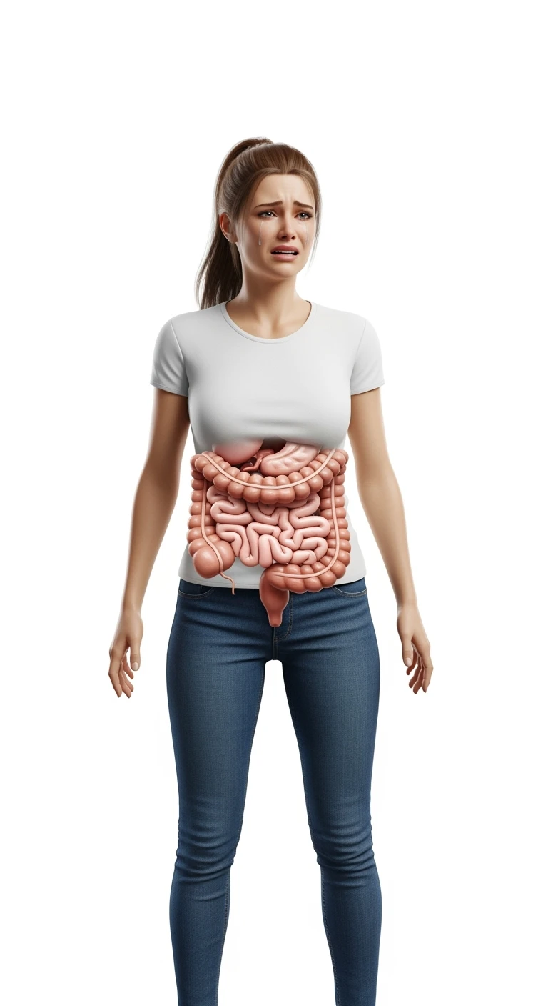 donna a figura intera con intestino umano realistico in 3d in evidenza dolorante, espressione di dolore in volto, sfondo bianco, non farla computerizzata, ma iperrealistica 4k, sfondo bianco emoji