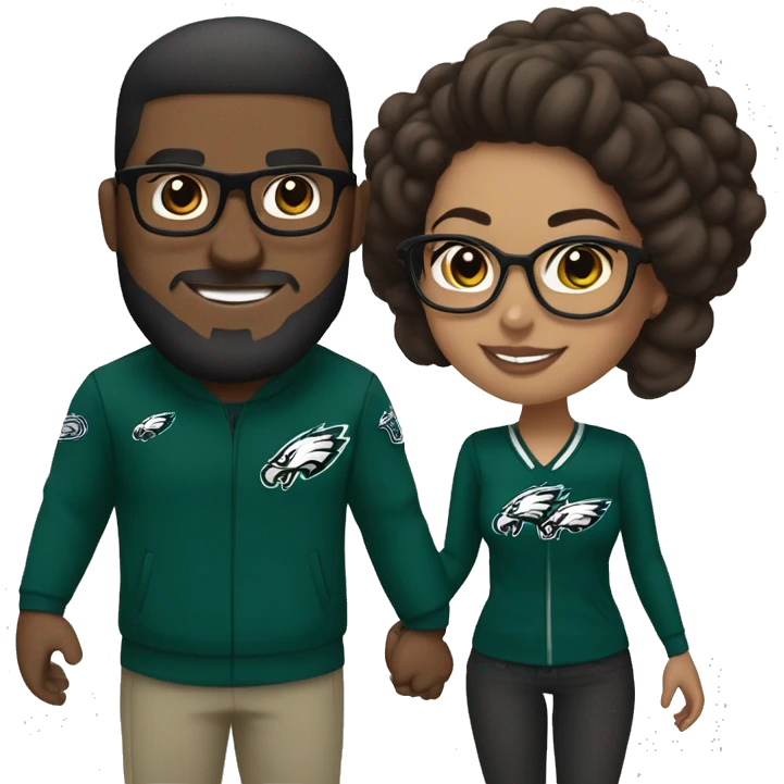 Brown guy and brown girl with glasses and hair in a bun in Philadelphia eagles clothes holding hands emoji