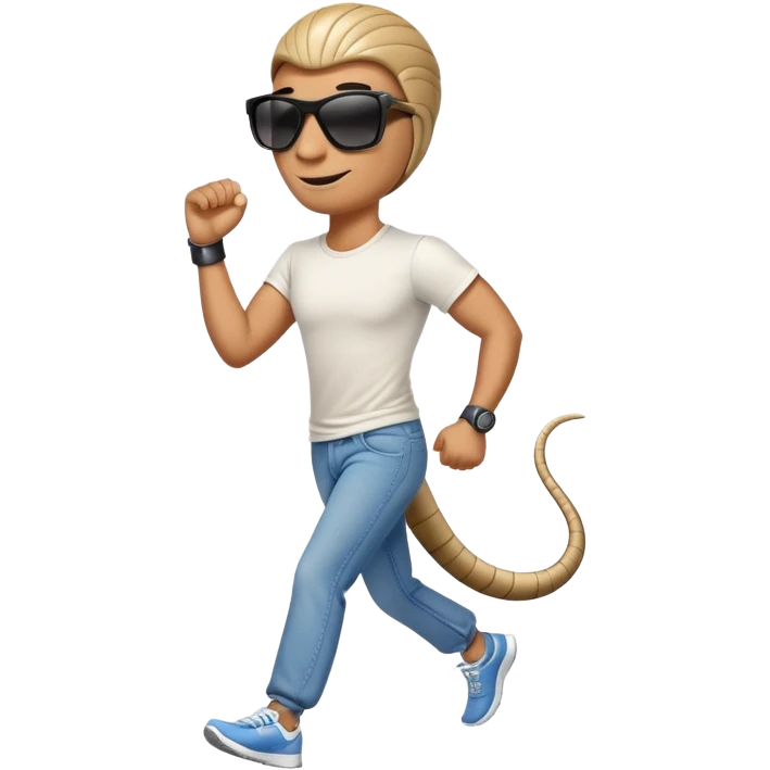 friendly anthropomorphised cobra in jeans and a t-shirt, wearing dark sunglasses, jogging upright in standard pose emoji