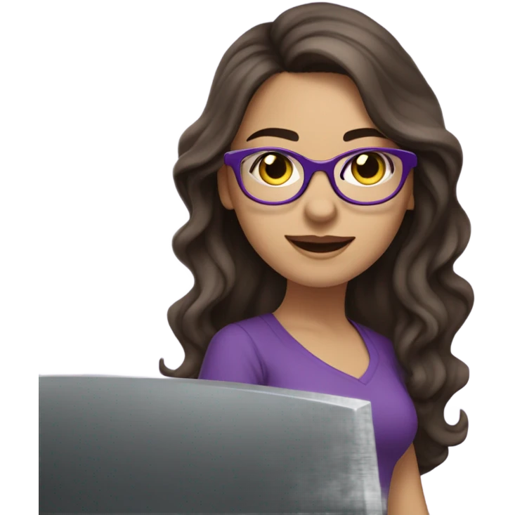 Beautiful brunette white skin wavy long hair  girl working on a computer with purple glasses emoji