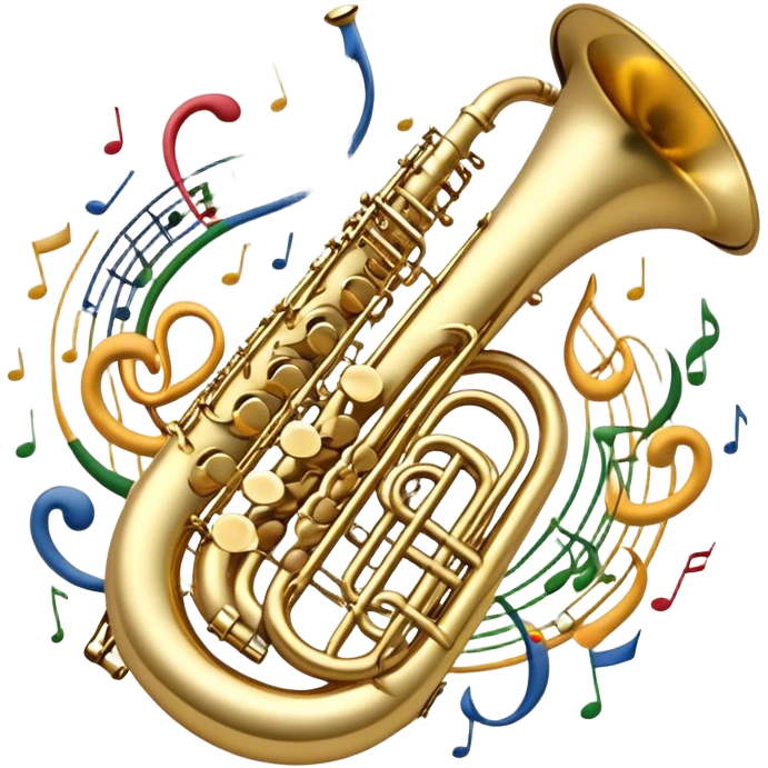 Create a complex, festive, and professional emblem-like emoji representing wind instruments. The design should resemble a heraldic crest, featuring iconic brass and woodwind instruments such as a trumpet, saxophone, clarinet, flute, trombone, and tuba, symmetrically arranged in a balanced composition. A flowing ribbon of musical notes should elegantly weave around the instruments, intertwining with their curves, bells, and mouthpieces, creating a dynamic and harmonious effect. The instruments should have rich metallic tones—gold for brass and silver for woodwinds—with polished highlights and intricate details on the keys and valves. Decorative elements such as elegant scrollwork, laurels, or subtle engravings should enhance the grandeur of the design, making it look celebratory and prestigious. The overall composition should be visually complete, refined, and suitable as a standalone emblem. The background should be transparent. emoji