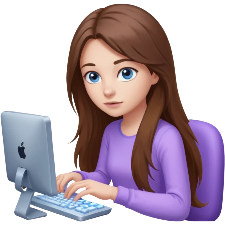 beautiful girl with long brown hair, blue eyes and wearing light purple clothes playing computer games emoji