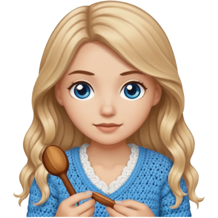 White Girl with long light brown slightly blonde ish hair and blue eyes who likes crocheting emoji