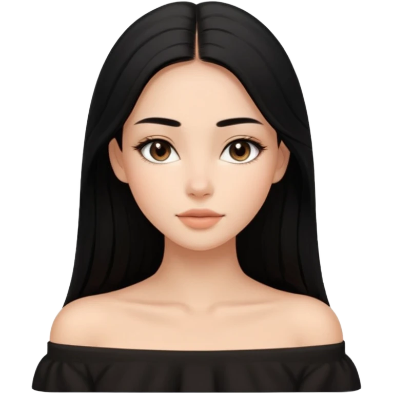 A realistic 3D avatar of a young woman with a soft oval face, slim cheeks, natural almond eyes, long straight black hair, minimal makeup, wearing a black off-shoulder top, elegant and aesthetic, tanned skintone. emoji