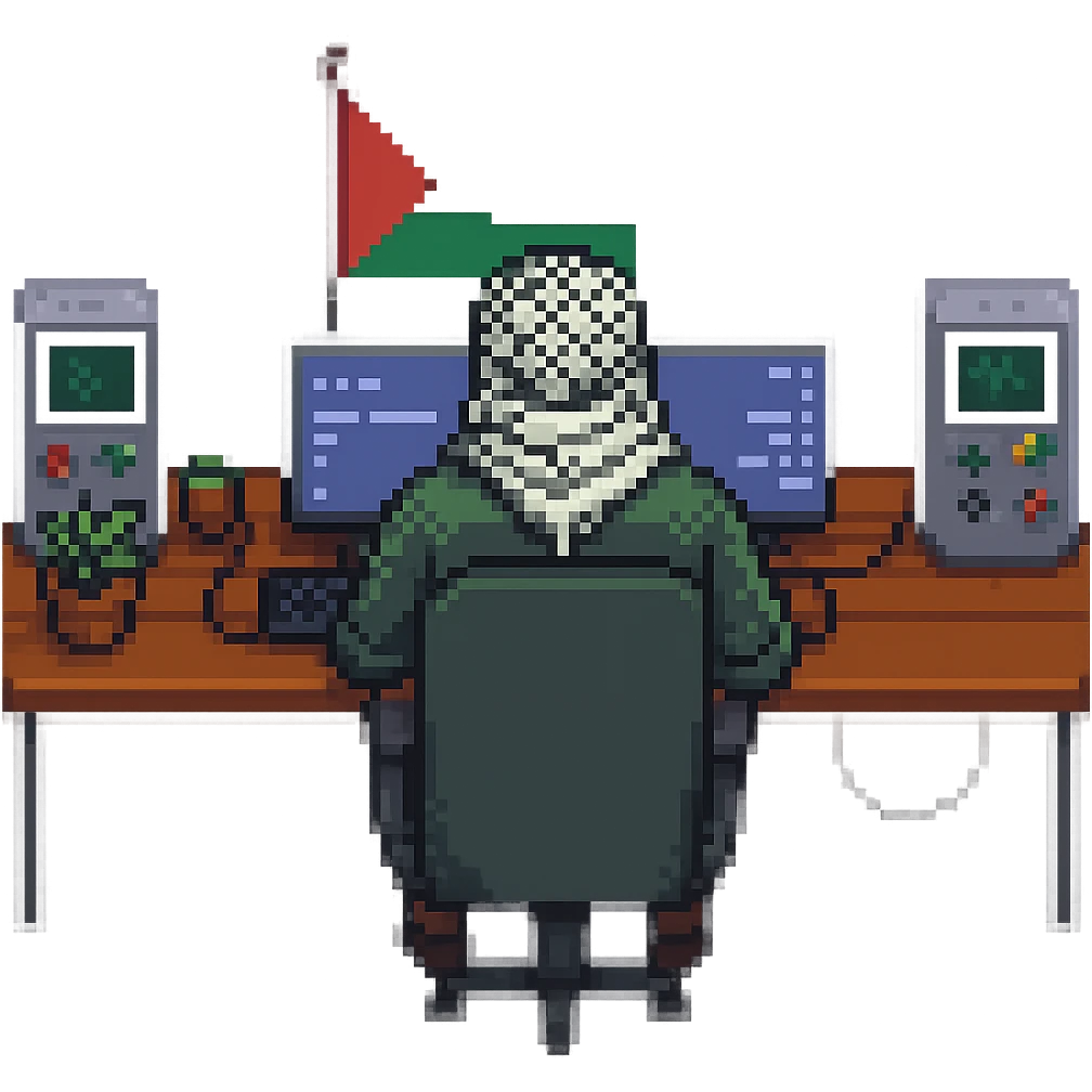 Create a pixel art style image of a man who is a Palestinian person in front of a gaming setup. Include a small Palestinian flag visible in the scene. The background should be removed, focusing on the character and the gaming setup. emoji