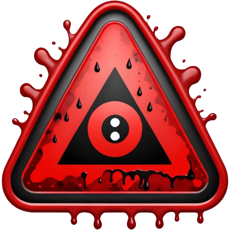A triangular danger sign with a bold black border and a bright yellow background. In the center, a dark red blood splatter spreads outward, with a few drops dripping down the sign. The design gives a wild, intense, and dangerous vibe, as if warning of something violent or hazardous. emoji