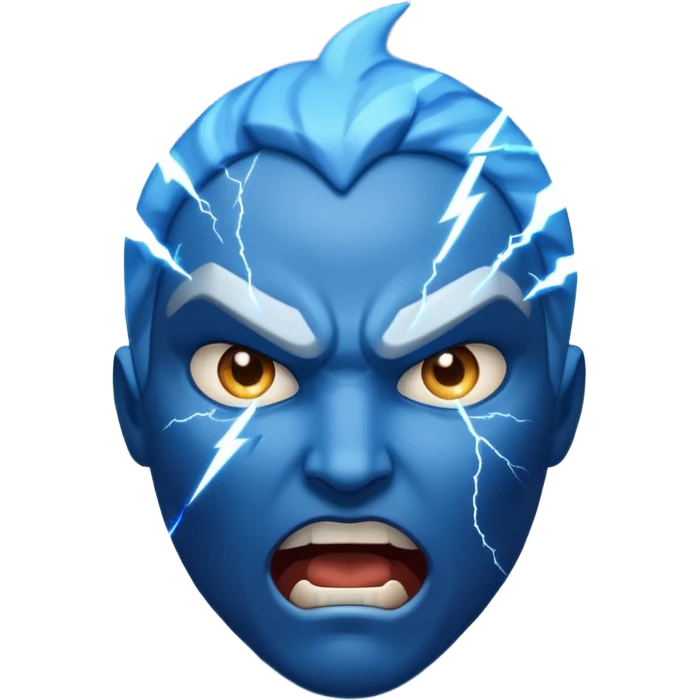 Rayos, centellas y estrellas en una cara color azul con expresiones de furia emoji