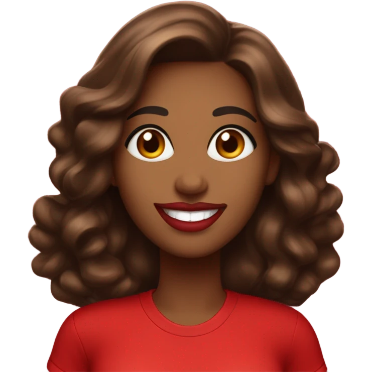 brown lady smiling, medium brown long wavy hair, bright red lips, eyelashes, wearing red “happy Valentine’s Day” t shirt emoji