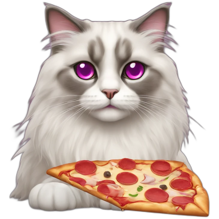 Ragdoll cat with magenta eyes and grey furr, eating a pizza, sitting on the floor emoji