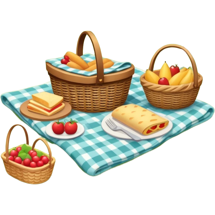 picnic scene with a blanket, basket, and food outdoors emoji