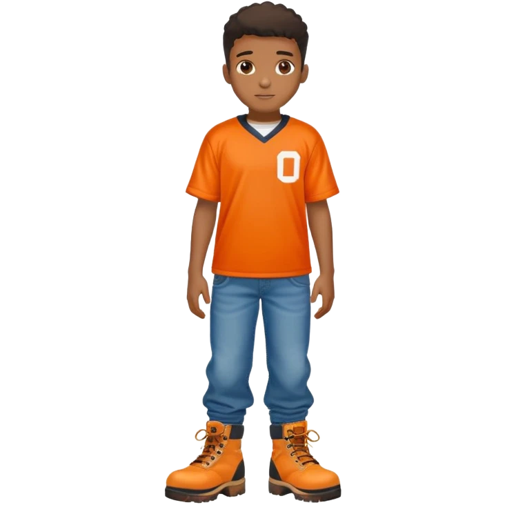 Black boy with dress wearing a footskaball orange jersey and baggy jeans with timbs emoji