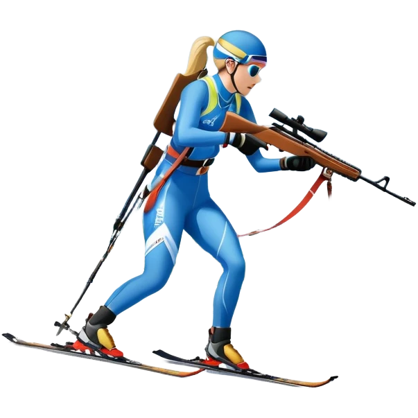 An icon featuring snow-covered trees, distant mountains, and a clear blue sky with a biathlete in motion, holding a rifle and skiing across a snowy course. Transparent background highlights the precision, endurance, and excitement of biathlon. emoji