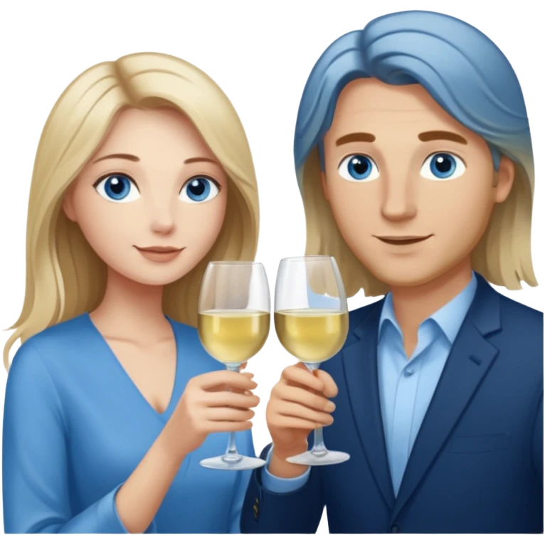 A woman with blue eyes and long balayage brown blond hair and a man with blue eyes and light brown hair, they toast to each other with a glass of white wine.  emoji