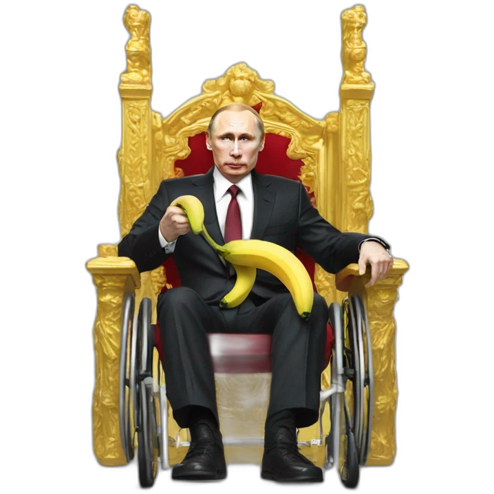 furious vladimir putin monke rides golden wheelchair throne holding a banana emoji