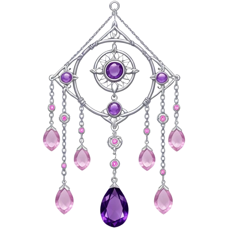 Epic Hanging silver suncatcher, chains and threads with shiny sparkly amethyst and rose-quartz gemstones,  emoji