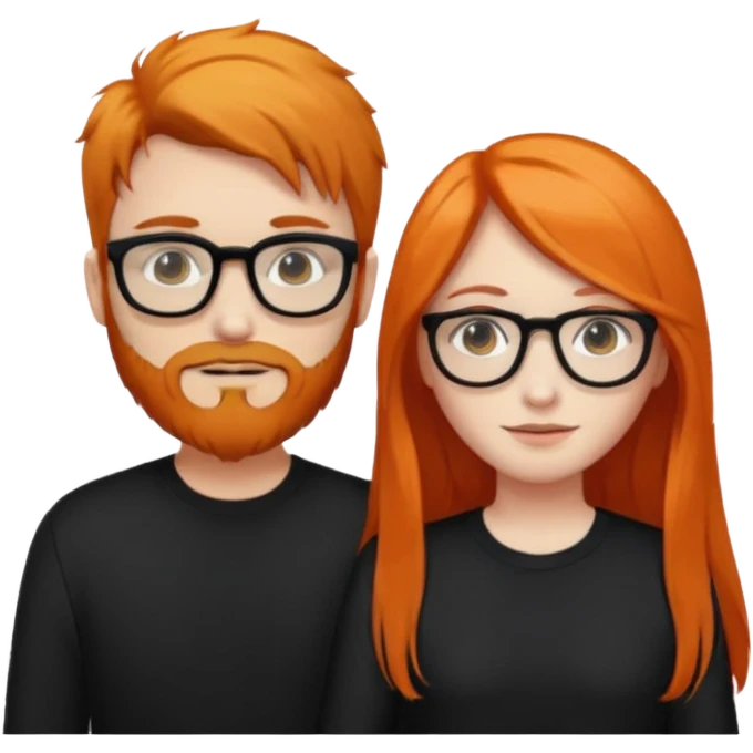 girl with long orange hair wearing no glasses and all black clothes and holding hands with boy with black hair and beard and glasses and pale skin emoji