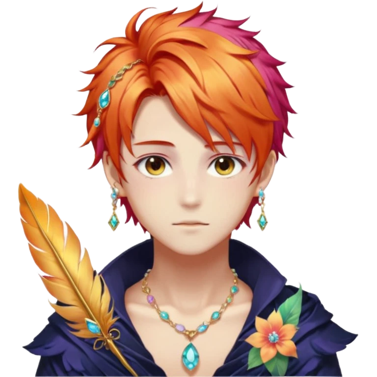 Beautiful gorgeous anime boy with beautiful fiery-special-hair, fashion aesthetic, ethereal, fairycore, pastelcore, feather, flower, gems, accessories, jewelries, gold, colorful emoji