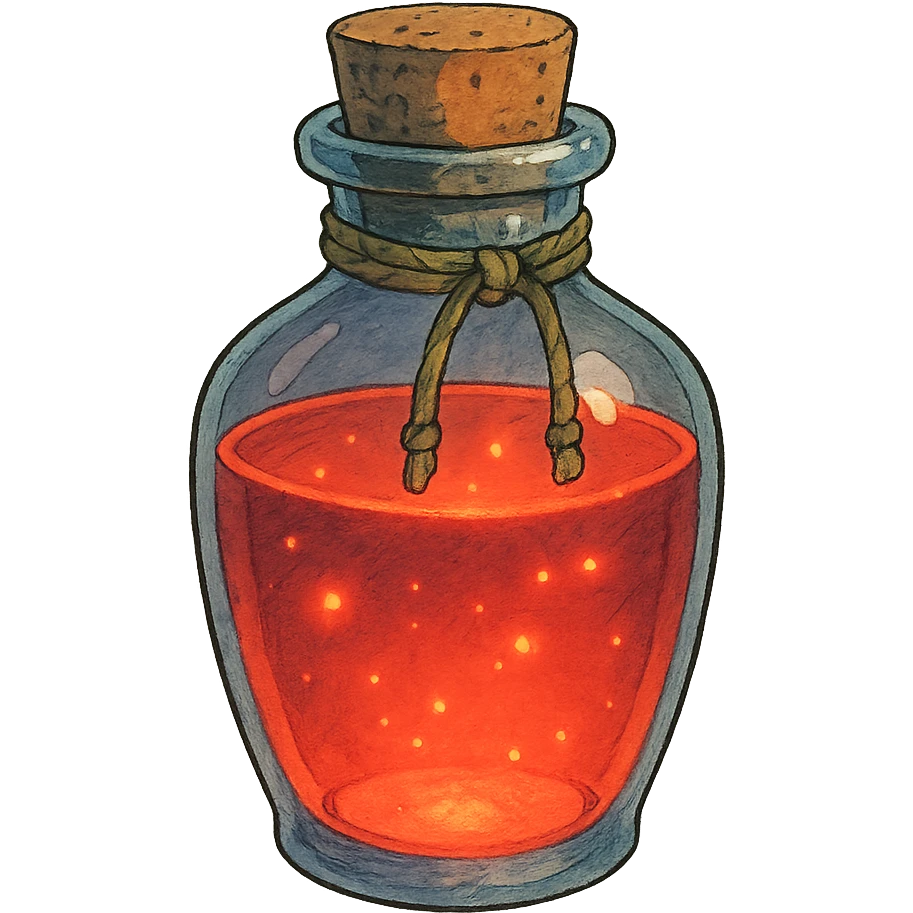 ghibli style whimsical health potion bottle with glowing red liquid emoji