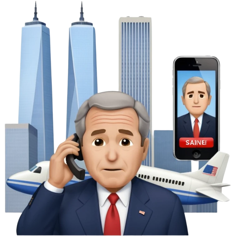  emoji of the world trade center with a plane crashed into it and george bush on a phone in front of them emoji
