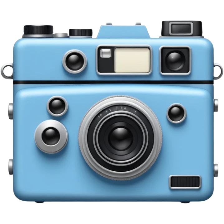 A hand-drawn doodle in a minimalist, cartoon style of a [vintage camera]. The object is white with thick, rough, black marker outlines and two small black dot eyes. It is a simple sketch with no realistic textures, centered on a solid [blue] circular background." emoji