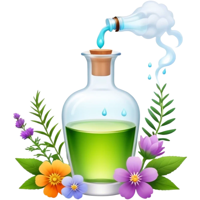 Perfume making icon, delicate glass bottle being filled with colorful essential oils from droppers, swirling mist rising from the bottle, flowers and herbs nearby, minimalistic style, clean lines, transparent background. emoji