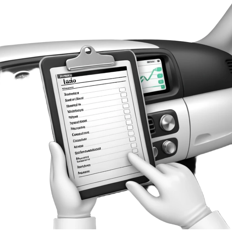 A dashboard view with radio, gloves, and medical chart on clipboard.
 emoji