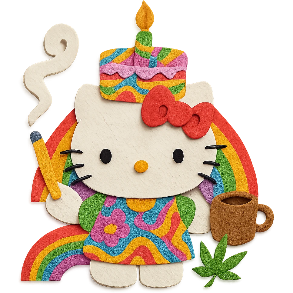 psychedelic maximalist birthday with Hello Kitty, Sunny in Philadelphia, coffee, cigarettes, weed, rainbow palette, trippy patterns emoji