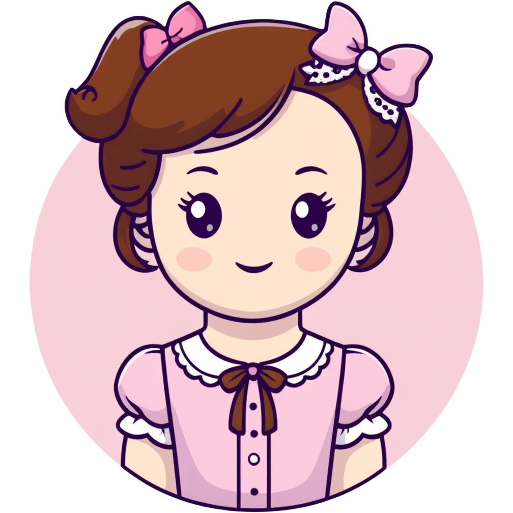 pale skin coquette girl with brown hair, pink bows, lace, pearls, dainty emoji