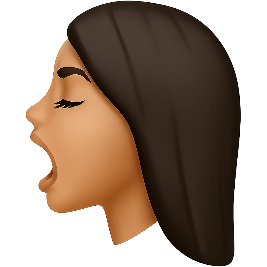 Create a side view (profile) of this woman's head in the normal iPhone emoji style, with closed eyes, long eyelashes, mouth open wide, smooth shading, no outlines, long dark hair, and lips clearly visible. Variant 3. emoji