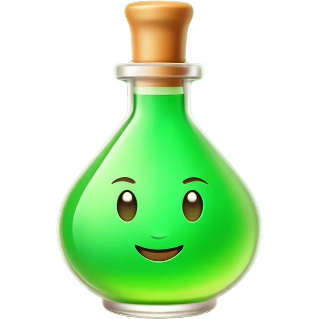 Clash of Clans aesthetic: Cinematic Playful Pixel 3D green health Potion Emoji, rendered in a 3D vector-style similar to standard emojis with minimal shading and bold, simplified shapes. A compact, distinct form with signature details, softly glowing with a pixelated adventure charm. Simplified yet unmistakably iconic, highly detailed and consistent, glowing with a soft radiance and high shine. Stylized with a touch of classic pixel-art charm and a soft glowing outline, capturing the essence of a beloved gaming relic with a friendly, playful manner! emoji