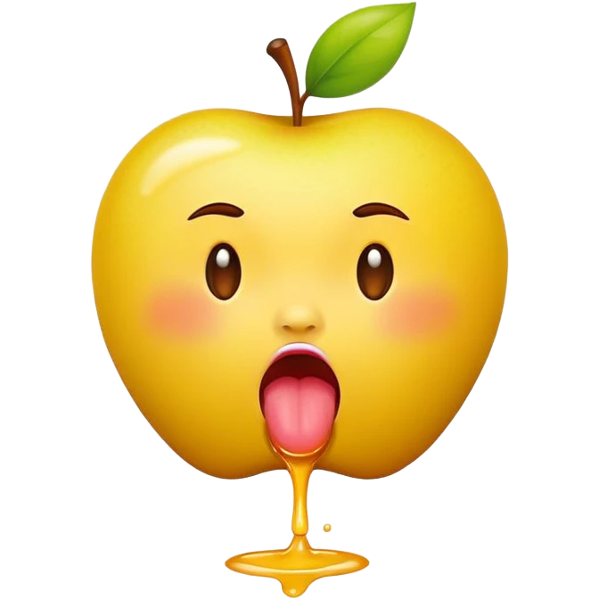 classic yellow apple emoji, big pouting lips, tongue out, spit flying emoji