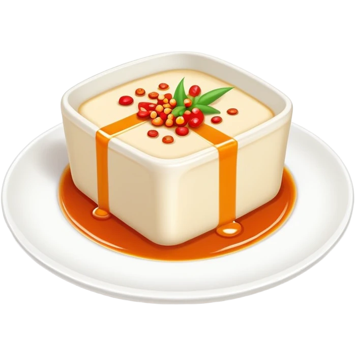 Sichuan Doufu Hua soft tofu pudding with spicy sauce, simplified emoji style with bold outlines and bright colors, cartoon style savory tofu dessert emoji