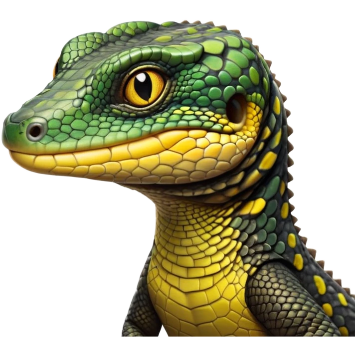 cinematic-realistic-cute-monitor-lizard-portrait-emoji,-head-tilted-playfully-and-inquisitively,-featuring-a-compact,-agile-body-with-finely-detailed,-glossy-scales-in-earthy-black and yellow-hues-and-a-distinct,-alert-face-with-bright,-curious-eyes, black , yellow spotted and green band  scales emoji