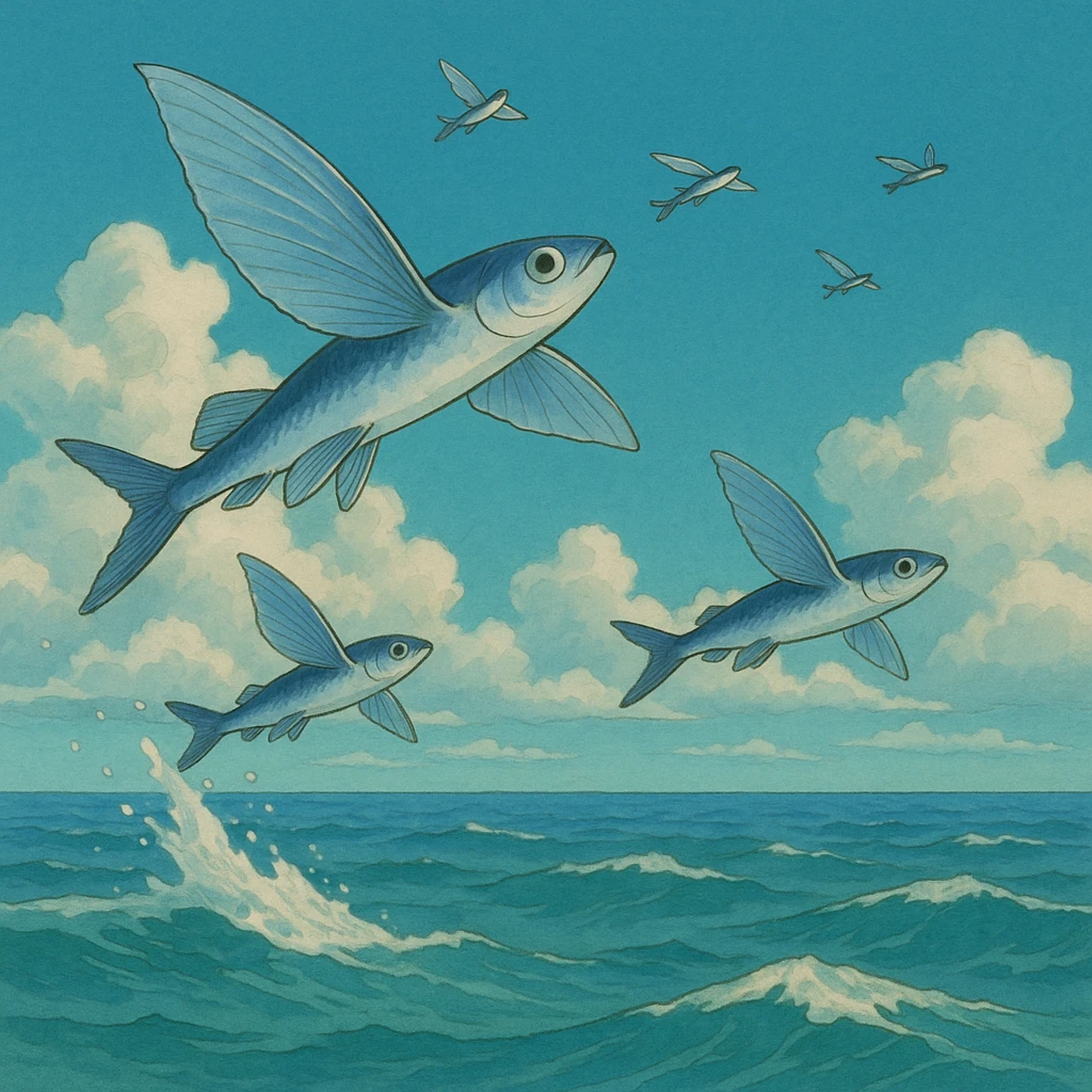 flying fish above the ocean in ghibli style emoji