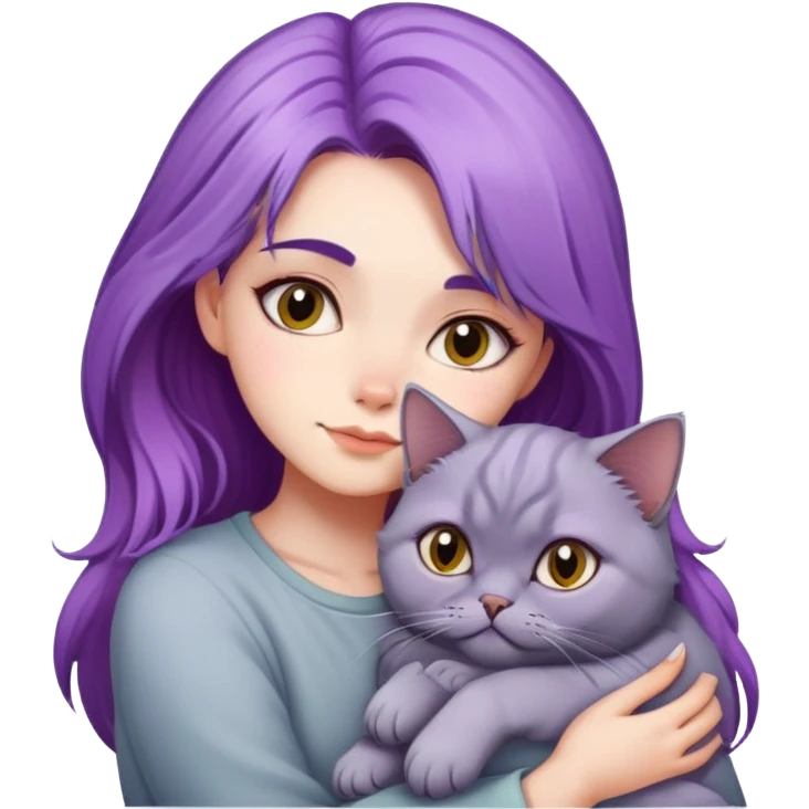Purple haired girl snuggling grey Persian catemoji emoji
