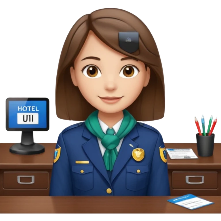 Young girl, straight hair, wearing uniform jacket with hotel name badge, tasteful scarf, stand behind the desk emoji