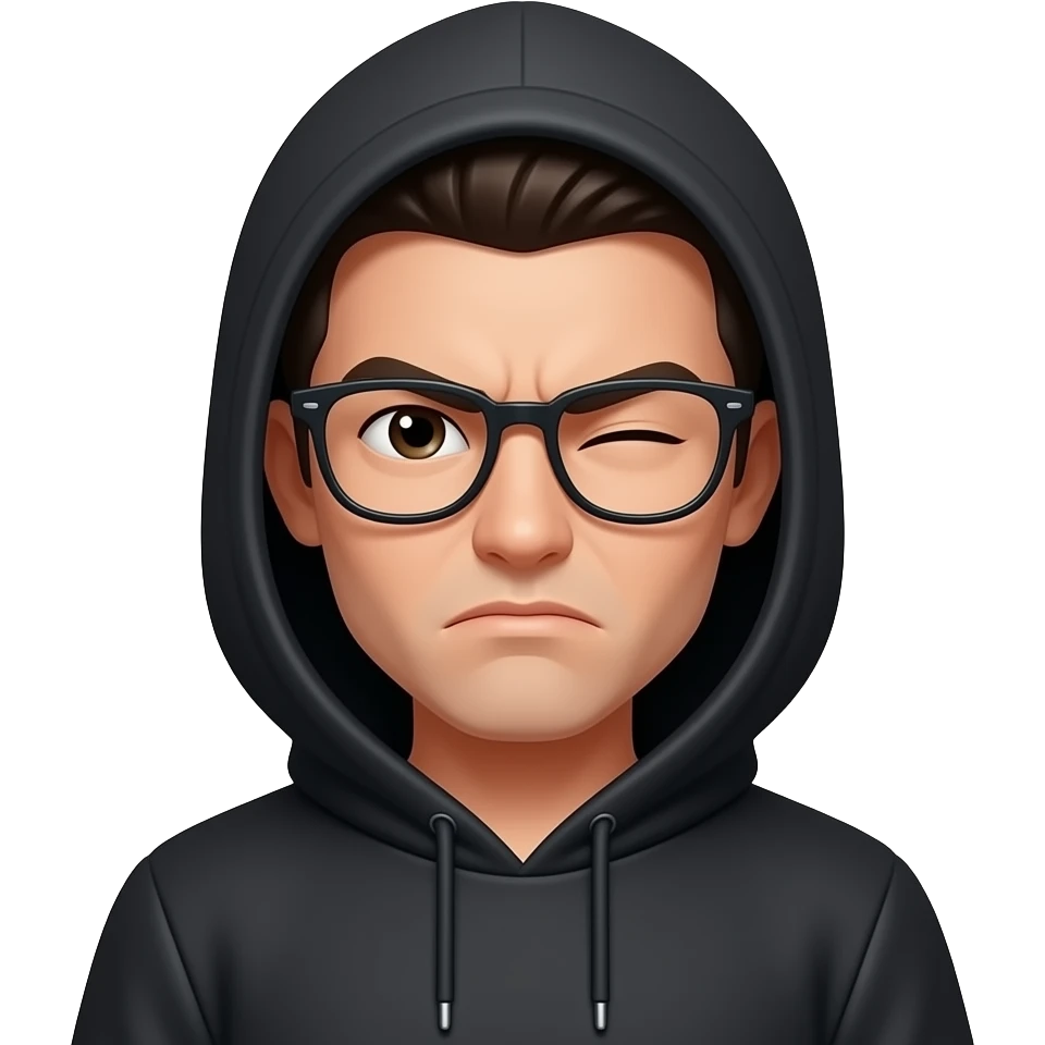 Make both eyes squinting with glasses and frowning, with a black hoodie on hood down emoji