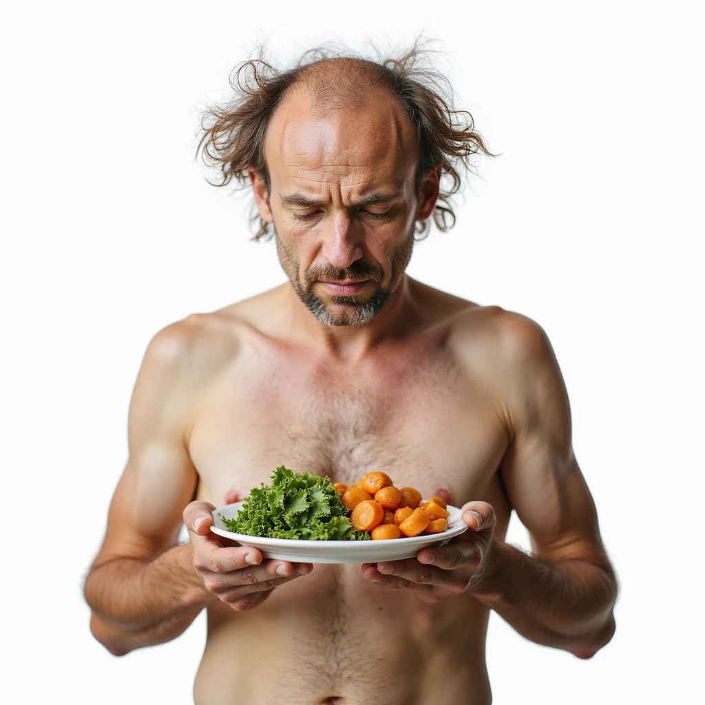 realistic man, fragile hair and dry skin, downcast expression, plate with only vegetables, caption in Italian: “Dieta senza grassi salutari: compromissione estetica”, isolated on white background emoji