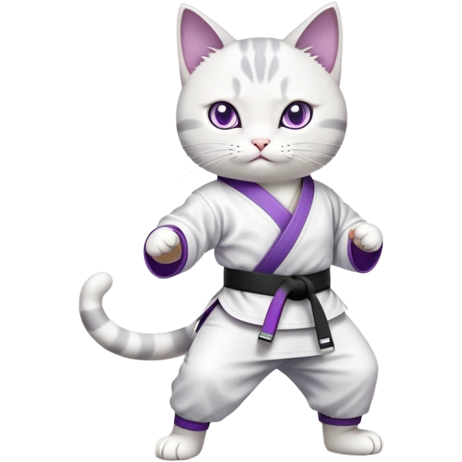 Cat Cartoon of a white and gray cat with violet eyes, standing on two legs, wearing white martial arts attire and a black belt. Asian dojo background. emoji