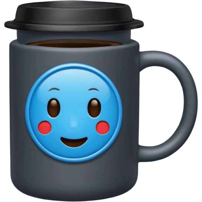 black hot coffee mug to go with black lid and a blue circle sticker emoji