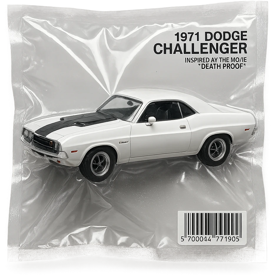 white 1971 Dodge Challenger muscle car, glossy and puffy, inspired by the movie 'Death Proof' emoji