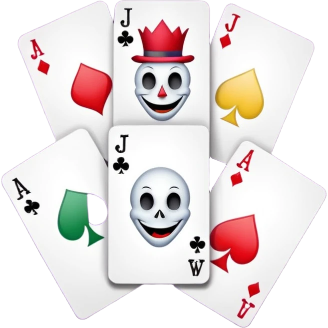 bunch of 3 poker cards, with crazy colorful human jolly jokers inside, inversed face, cuphead style emoji