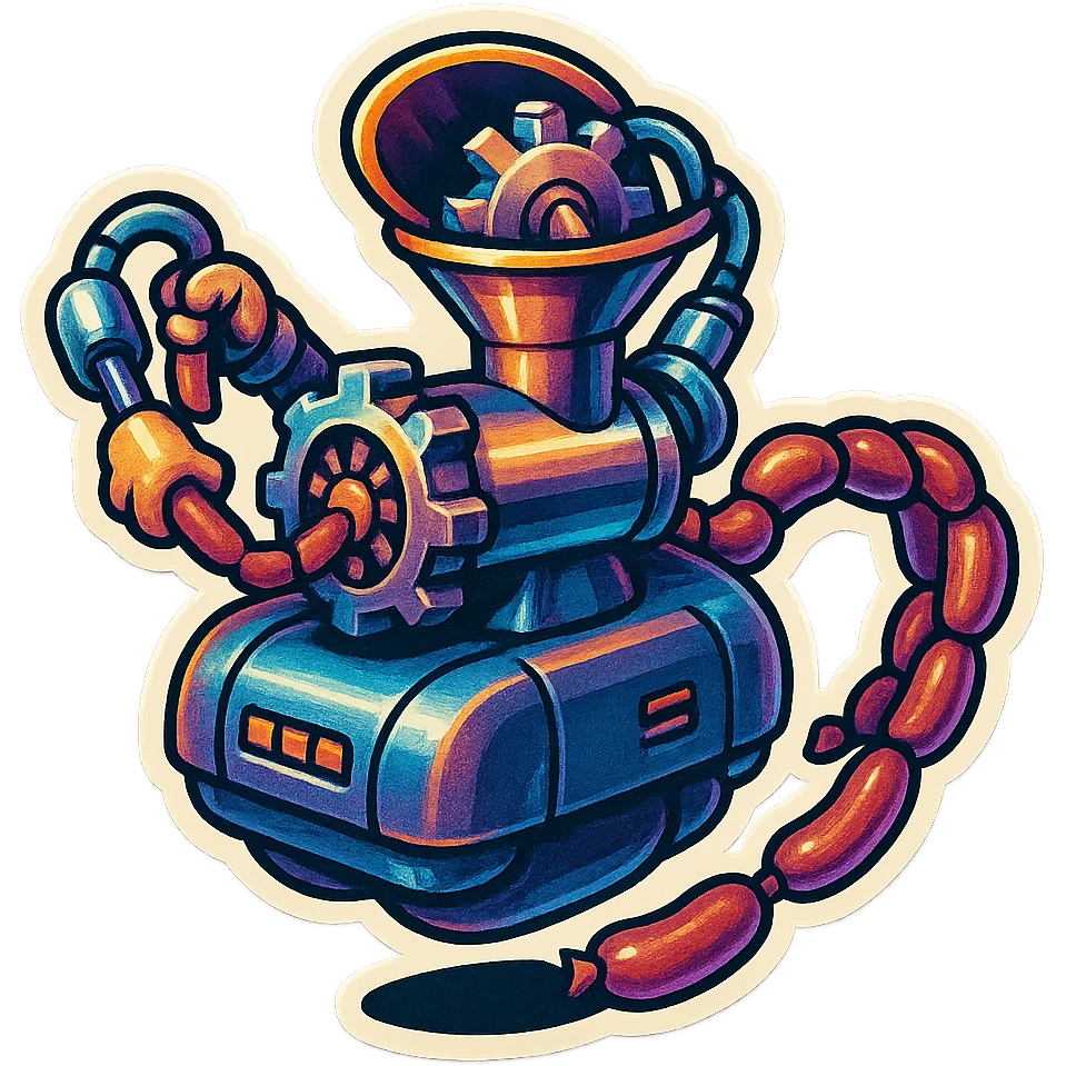 sausage-processing droid. retro-futuristic style. top is a circular industrial meat grinder with rotating gears and blades. Two robotic arms feed material into grinder. Sausage links extrude from the rear like  factory. The body is metallic, compact, and floats above the ground.no legs. Dark humor emoji