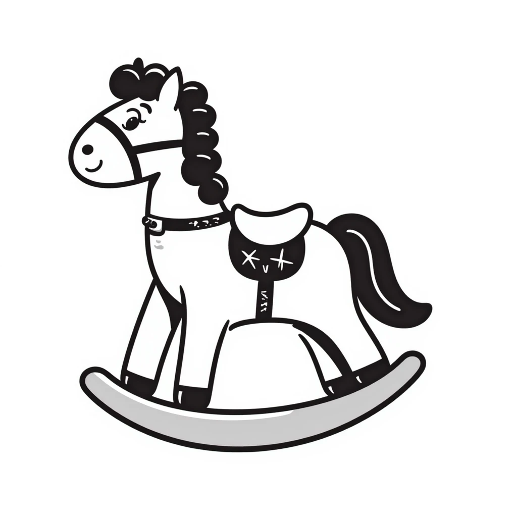 A hand-drawn toy rocking horse with western details and a cute face emoji