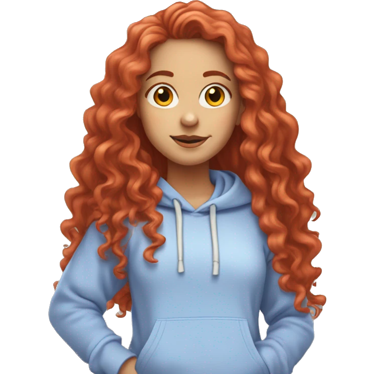 a white girl with long red curly hair, wearing a pastel periwinkle hoodie doing a pose emoji