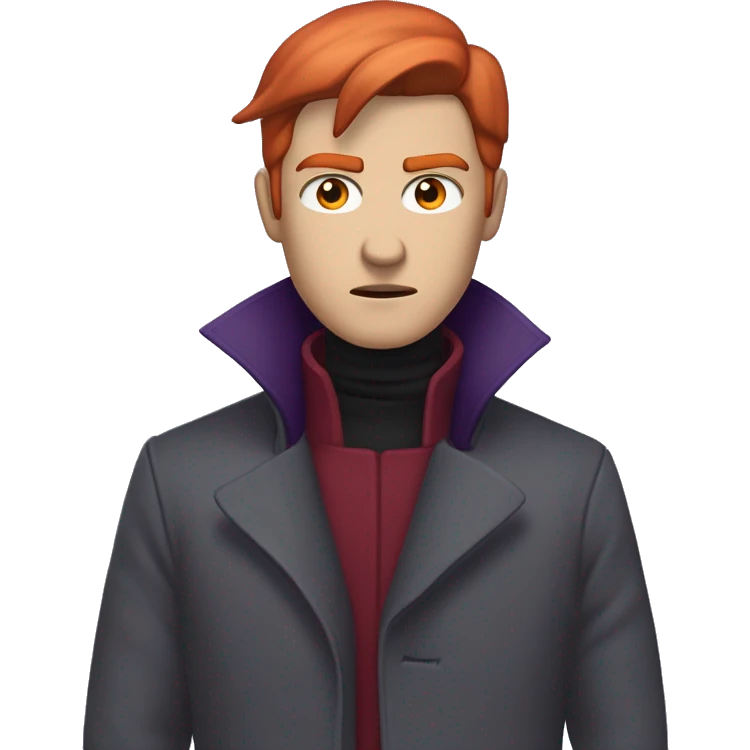 Male with pale skin, crimson red shoulder-length hair, greyish purple irises, and an angry expression. Clothing on the man is a dark greyish purple turtleneck coat with a crimson red streak going down the center of the coat. emoji