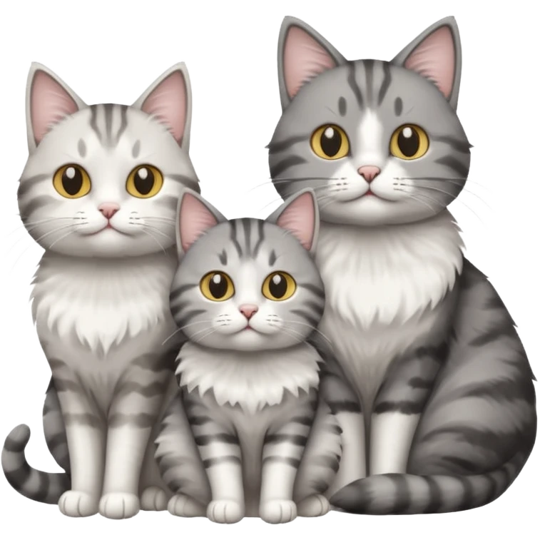 a fluffy grey and white cat sitting with 2 other cats emoji