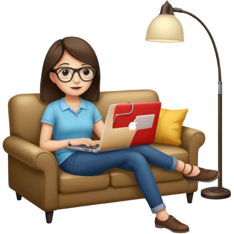 A girl is working with a laptop while lying on a sofa, with a floor lamp to the right. emoji