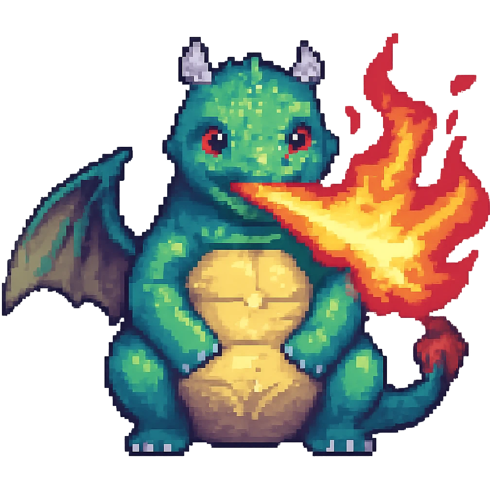 Add fire breath to the chubby dragon in pixel art style, no background, keep pixel art aesthetic and details. emoji